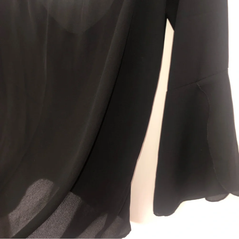 Lovely Day Top S Black Sheer Off Shoulder Cross Strap Back Slit Flare Sleeve VTG